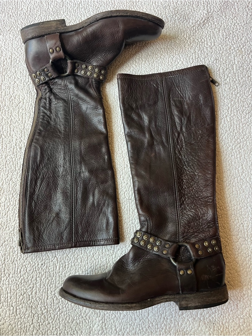 Frye Phillip Studded Harness Brown Leather Tall Boots Womens 7